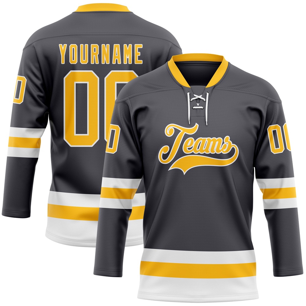 Custom Steel Gray Gold White Hockey Lace Neck Jersey, New Hockey Jersey, Personali Sport Team Jersey Shirt