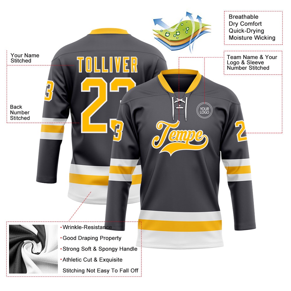 Custom Steel Gray Gold White Hockey Lace Neck Jersey, New Hockey Jersey, Personali Sport Team Jersey Shirt