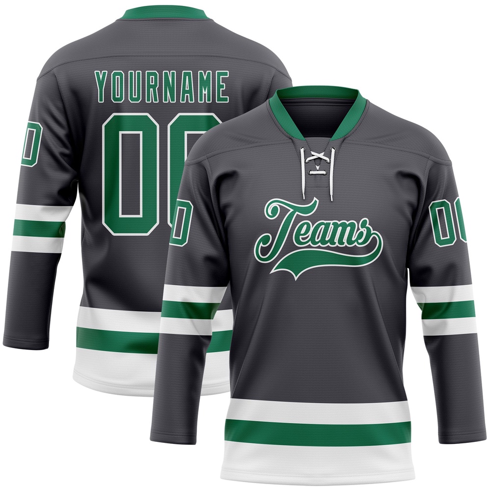 Custom Steel Gray Kelly Green White Hockey Lace Neck Jersey, New Hockey Jersey, Personali Sport Team Jersey Shirt Custom Steel Gray Kelly Green White Hockey Lace Neck Jersey, New Hockey Jersey, Personali Sport Team Jersey Shirt