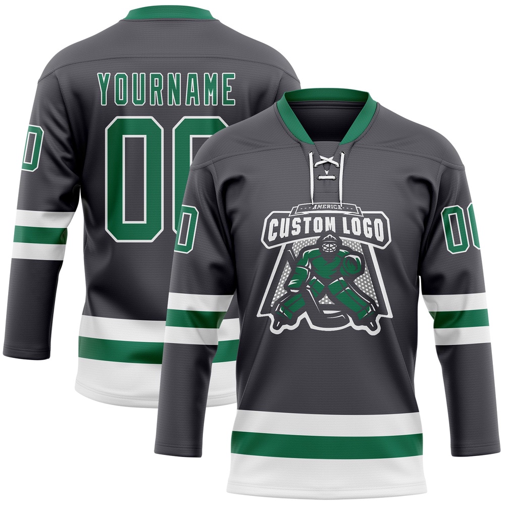 Custom Steel Gray Kelly Green White Hockey Lace Neck Jersey, New Hockey Jersey, Personali Sport Team Jersey Shirt Custom Steel Gray Kelly Green White Hockey Lace Neck Jersey, New Hockey Jersey, Personali Sport Team Jersey Shirt