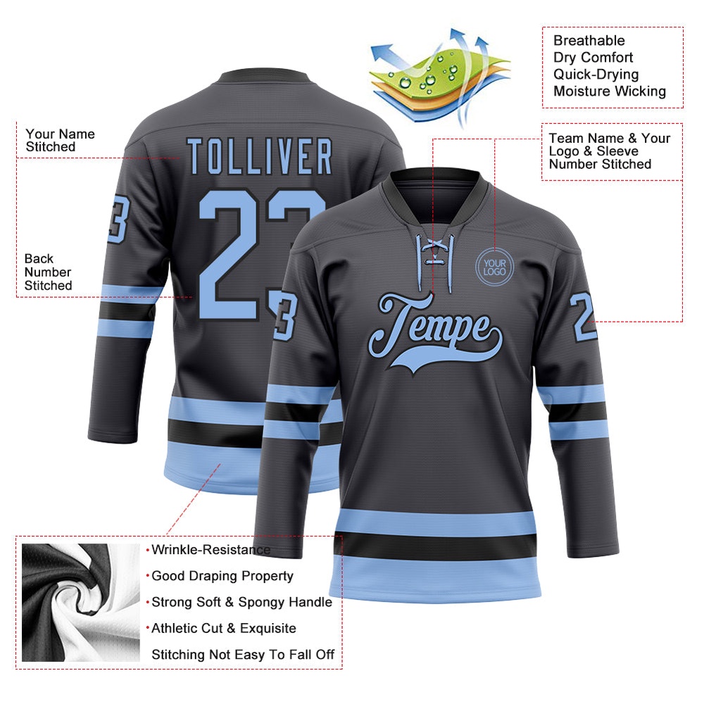 Custom Steel Gray Light Blue Black Hockey Lace Neck Jersey, New Hockey Jersey, Personali Sport Team Jersey Shirt