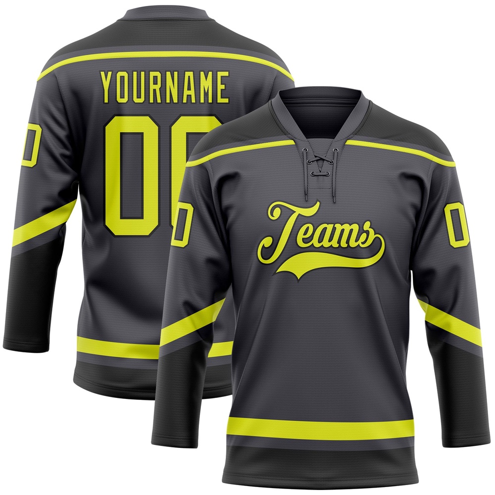 Custom Steel Gray Neon Yellow Black Hockey Lace Neck Jersey, New Hockey Jersey, Personali Sport Team Jersey Shirt Custom Steel Gray Neon Yellow Black Hockey Lace Neck Jersey, New Hockey Jersey, Personali Sport Team Jersey Shirt
