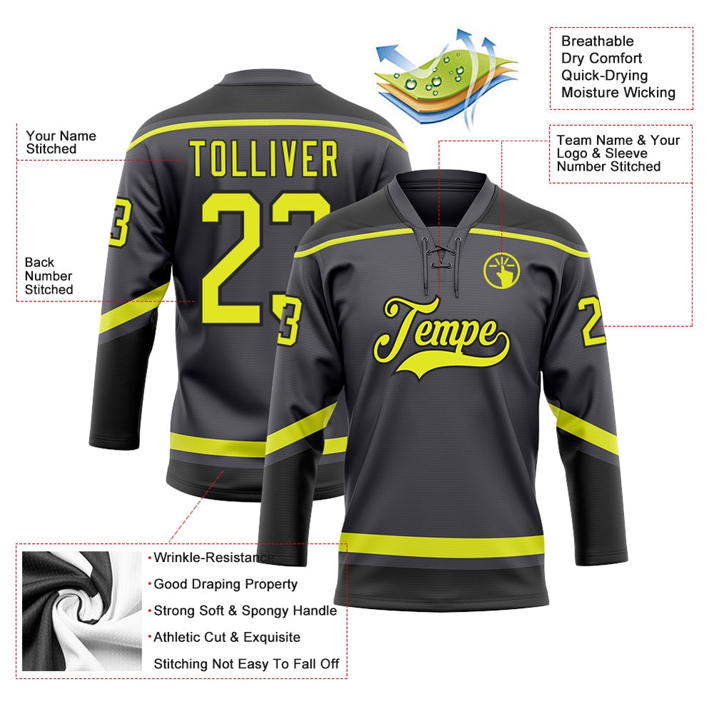 Custom Steel Gray Neon Yellow Black Hockey Lace Neck Jersey, New Hockey Jersey, Personali Sport Team Jersey Shirt Custom Steel Gray Neon Yellow Black Hockey Lace Neck Jersey, New Hockey Jersey, Personali Sport Team Jersey Shirt