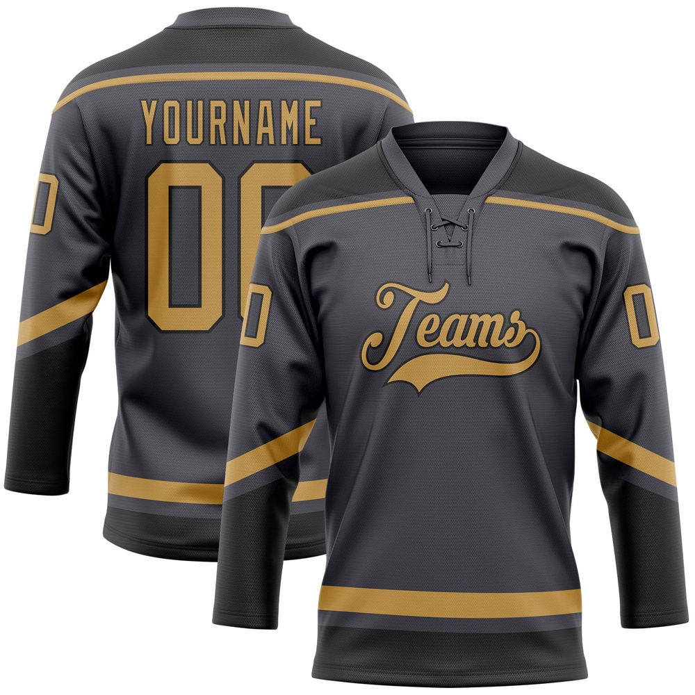 Custom Steel Gray Old Gold Black Hockey Lace Neck Jersey, New Hockey Jersey, Personali Sport Team Jersey Shirt Custom Steel Gray Old Gold Black Hockey Lace Neck Jersey, New Hockey Jersey, Personali Sport Team Jersey Shirt