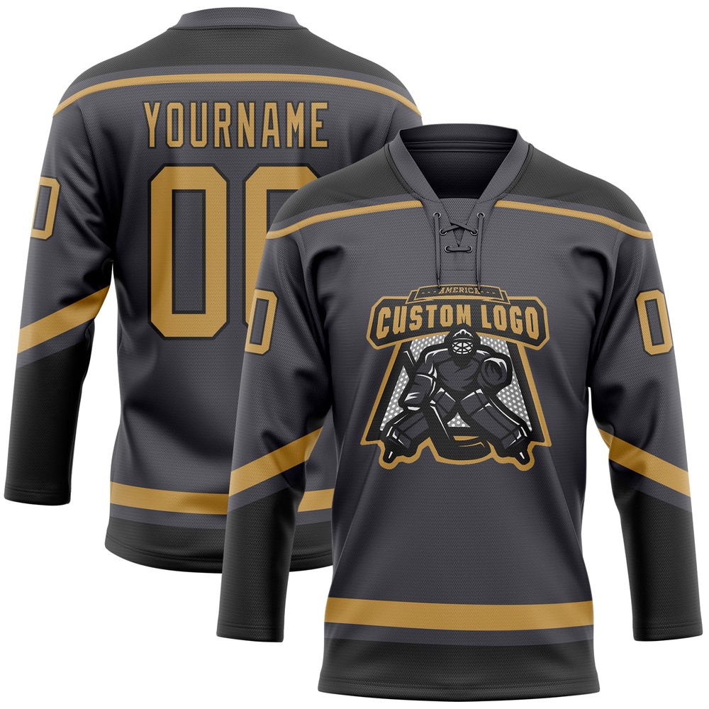 Custom Steel Gray Old Gold Black Hockey Lace Neck Jersey, New Hockey Jersey, Personali Sport Team Jersey Shirt Custom Steel Gray Old Gold Black Hockey Lace Neck Jersey, New Hockey Jersey, Personali Sport Team Jersey Shirt