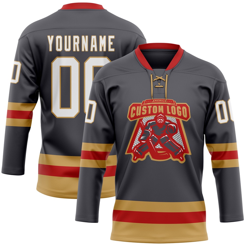 Custom Steel Gray Old Gold Red Hockey Lace Neck Jersey, New Hockey Jersey, Personali Sport Team Jersey Shirt Custom Steel Gray Old Gold Red Hockey Lace Neck Jersey, New Hockey Jersey, Personali Sport Team Jersey Shirt