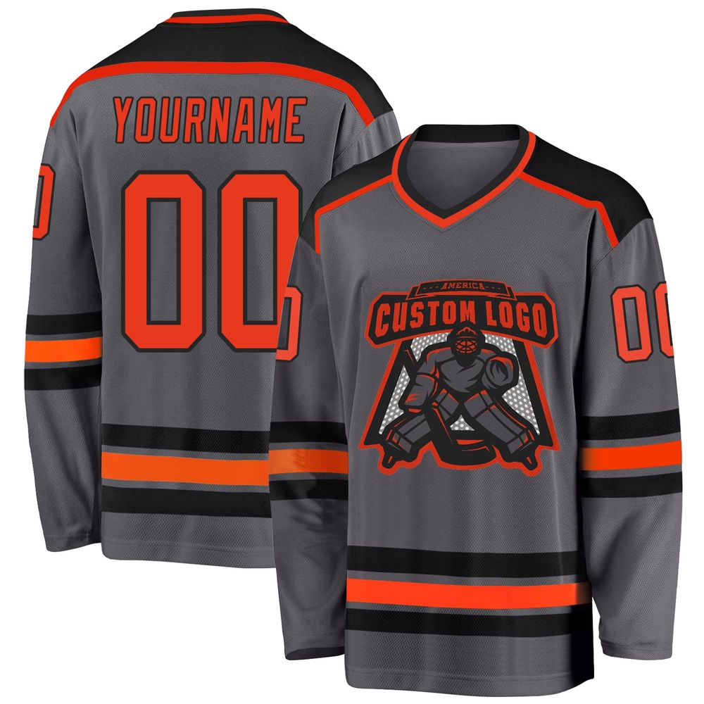 Custom Steel Gray Orange Black Hockey Jersey, New Hockey Jersey, Personali Sport Team Jersey Shirt Custom Steel Gray Orange Black Hockey Jersey, New Hockey Jersey, Personali Sport Team Jersey Shirt