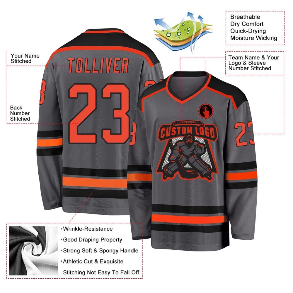 Custom Steel Gray Orange Black Hockey Jersey, New Hockey Jersey, Personali Sport Team Jersey Shirt Custom Steel Gray Orange Black Hockey Jersey, New Hockey Jersey, Personali Sport Team Jersey Shirt