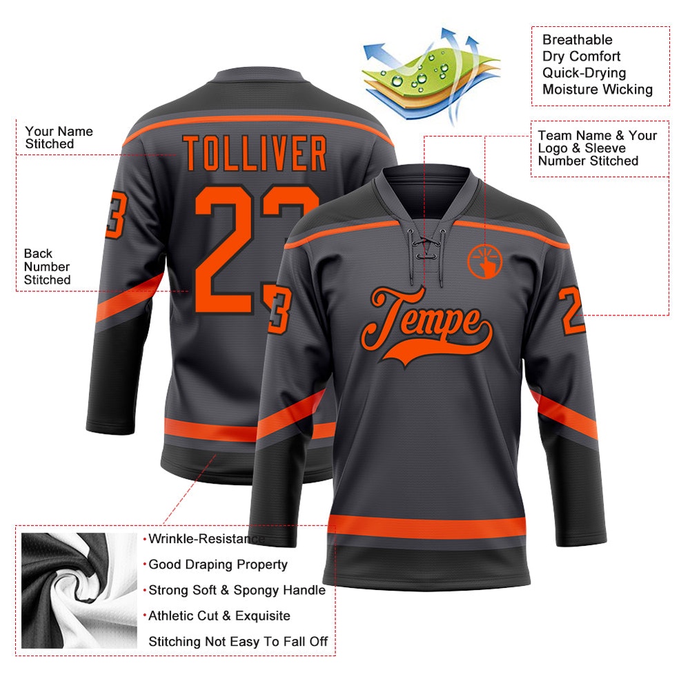 Custom Steel Gray Orange Black Hockey Lace Neck Jersey, New Hockey Jersey, Personali Sport Team Jersey Shirt Custom Steel Gray Orange Black Hockey Lace Neck Jersey, New Hockey Jersey, Personali Sport Team Jersey Shirt