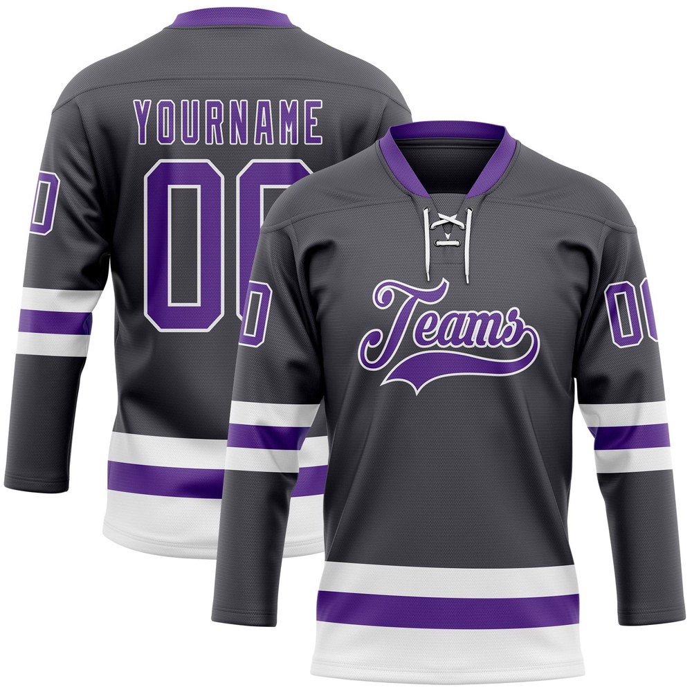Custom Steel Gray Purple White Hockey Lace Neck Jersey, New Hockey Jersey, Personali Sport Team Jersey Shirt Custom Steel Gray Purple White Hockey Lace Neck Jersey, New Hockey Jersey, Personali Sport Team Jersey Shirt