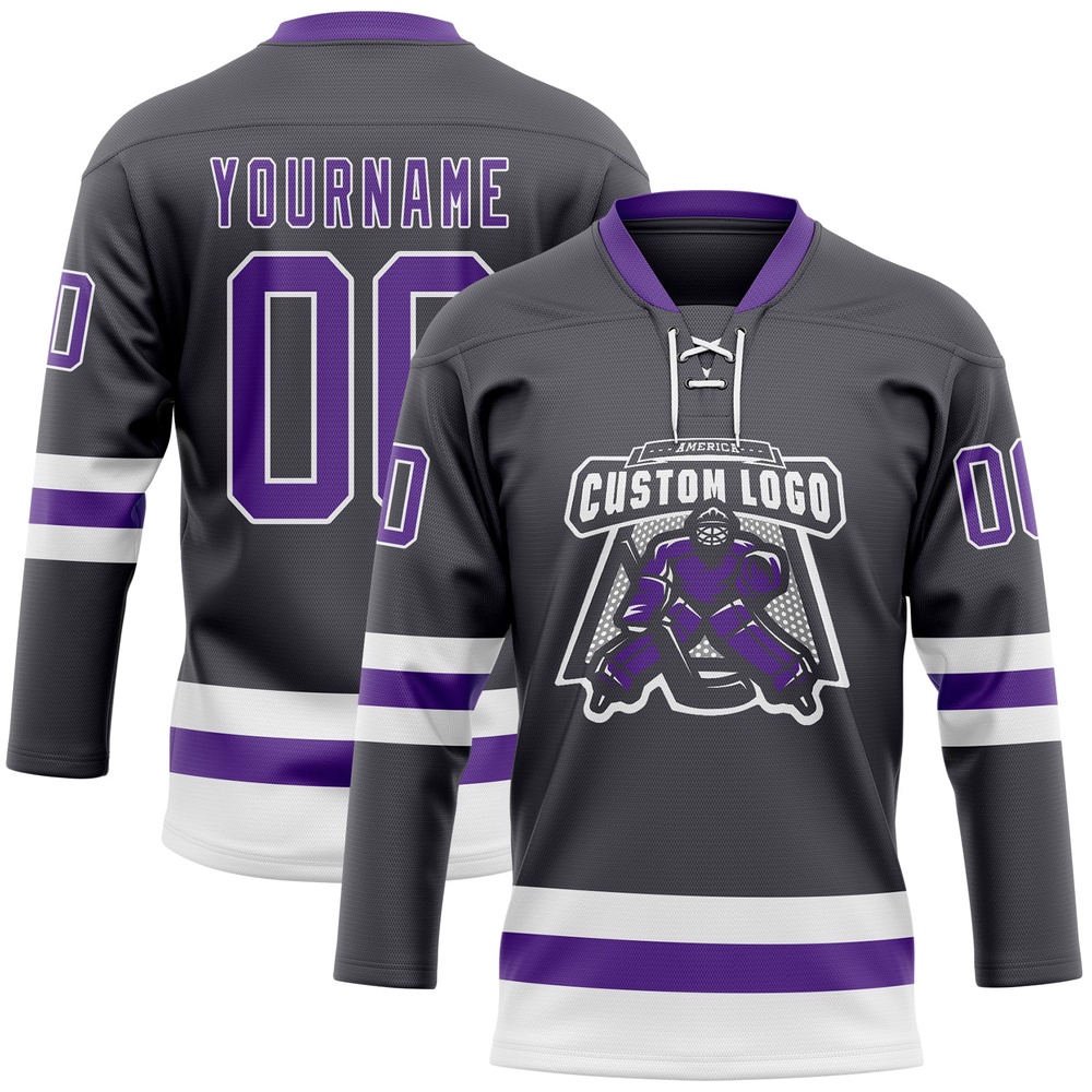 Custom Steel Gray Purple White Hockey Lace Neck Jersey, New Hockey Jersey, Personali Sport Team Jersey Shirt Custom Steel Gray Purple White Hockey Lace Neck Jersey, New Hockey Jersey, Personali Sport Team Jersey Shirt