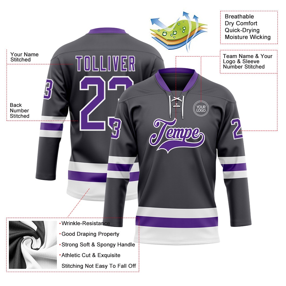 Custom Steel Gray Purple White Hockey Lace Neck Jersey, New Hockey Jersey, Personali Sport Team Jersey Shirt Custom Steel Gray Purple White Hockey Lace Neck Jersey, New Hockey Jersey, Personali Sport Team Jersey Shirt
