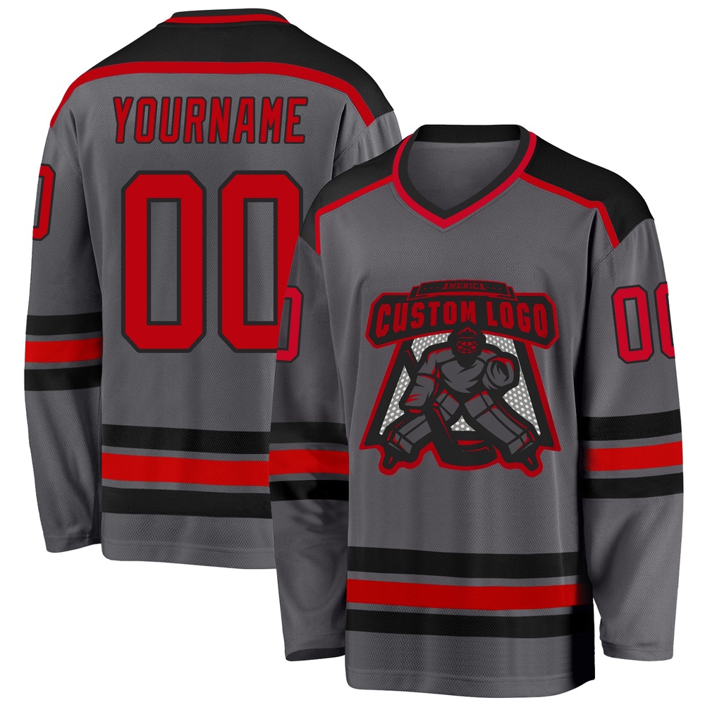 Custom Steel Gray Red Black Hockey Jersey, New Hockey Jersey, Personali Sport Team Jersey Shirt Custom Steel Gray Red Black Hockey Jersey, New Hockey Jersey, Personali Sport Team Jersey Shirt