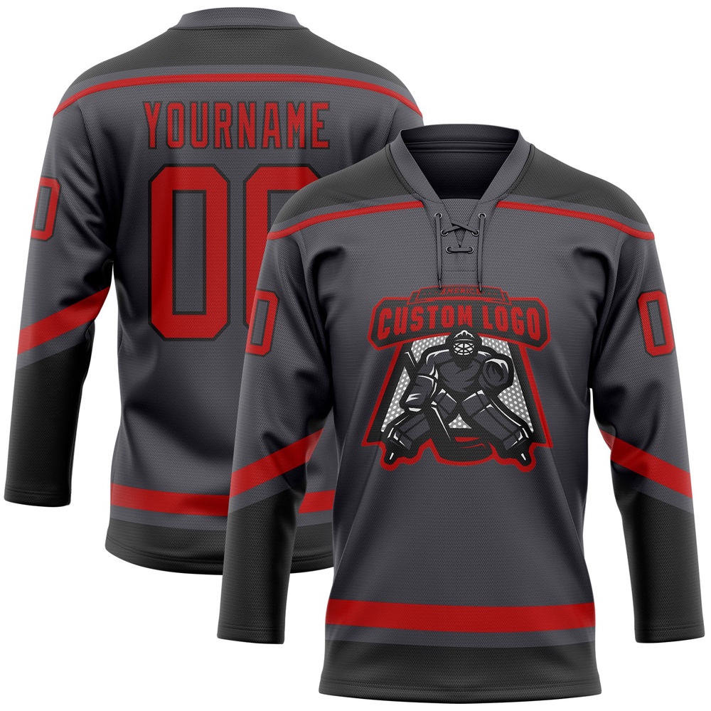 Custom Steel Gray Red Black Hockey Lace Neck Jersey, New Hockey Jersey, Personali Sport Team Jersey Shirt