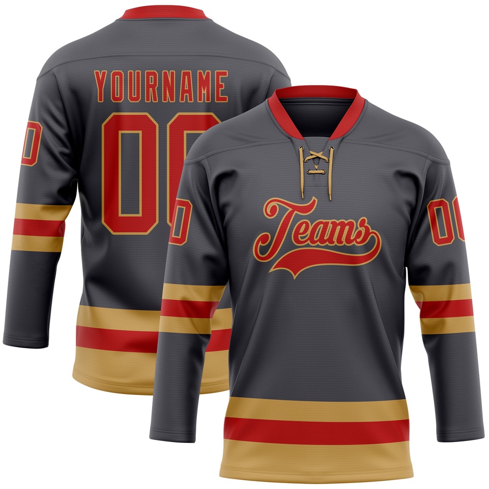 Custom Steel Gray Red Old Gold Hockey Lace Neck Jersey, New Hockey Jersey, Personali Sport Team Jersey Shirt Custom Steel Gray Red Old Gold Hockey Lace Neck Jersey, New Hockey Jersey, Personali Sport Team Jersey Shirt