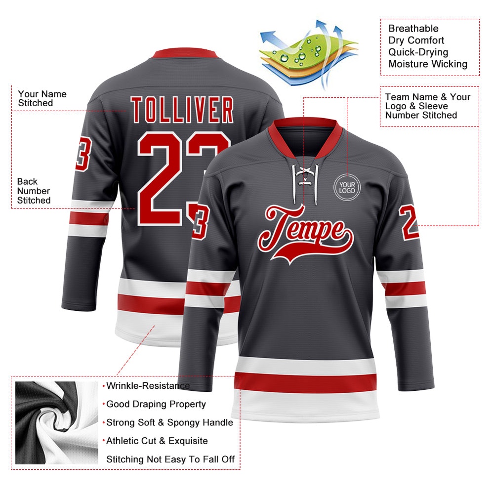 Custom Steel Gray Red White Hockey Lace Neck Jersey, New Hockey Jersey, Personali Sport Team Jersey Shirt