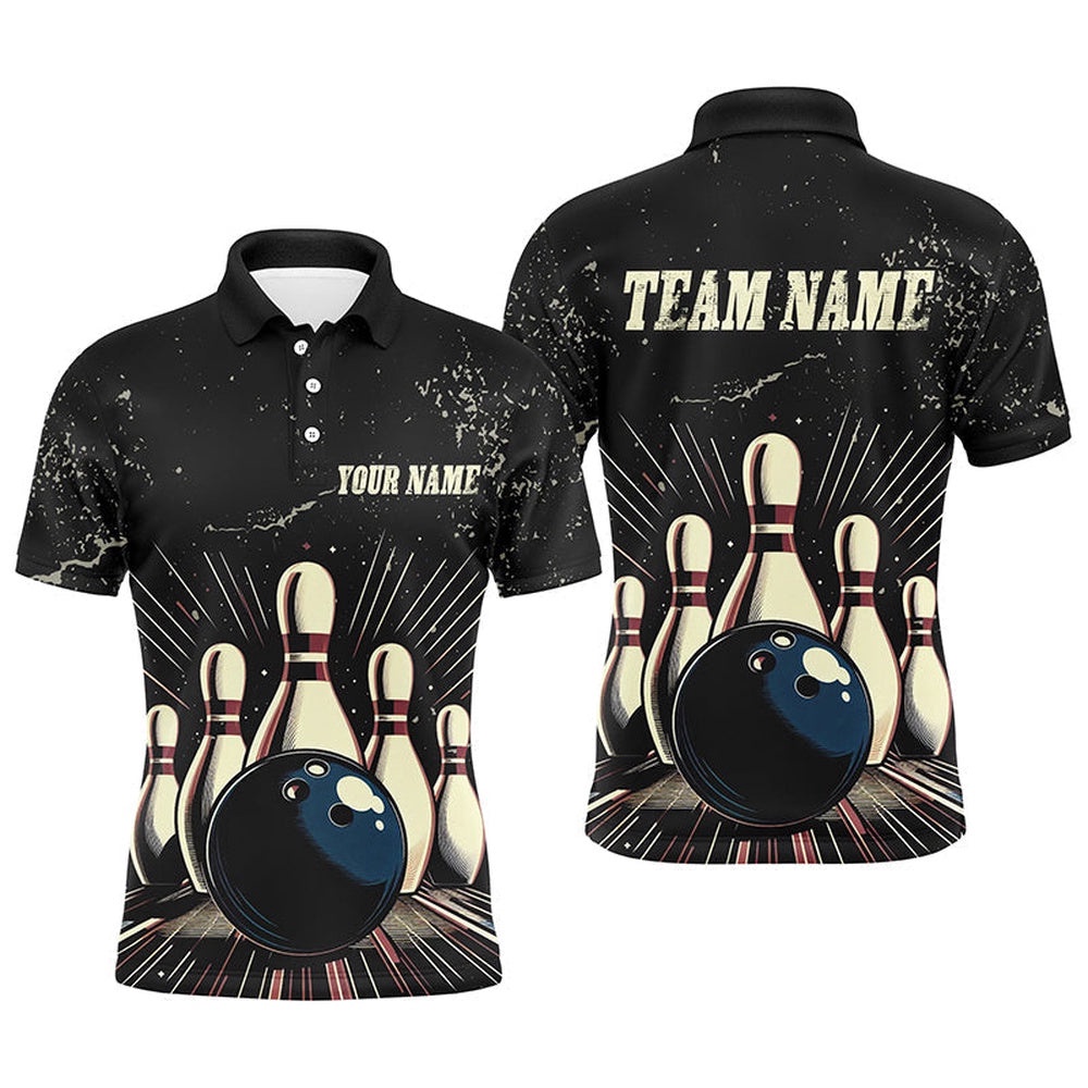 Custom Striking Bowling Men Polo Shirts Grunge Vintage Bowling Team Polo Shirt Retro Bowlers Outfits, Personalized Bowling Team Shirt