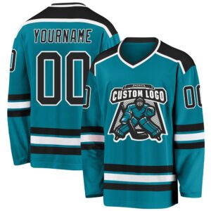 Custom Teal Black White Hockey Jersey, New&hellip;