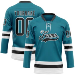 Custom Teal Black White Hockey Lace Neck&hellip;