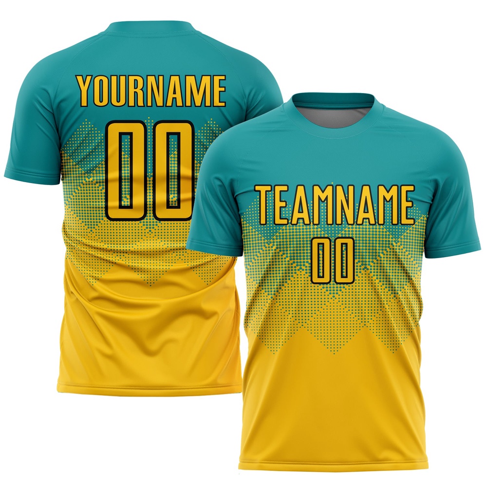 Custom Teal Gold-Black Sublimation Soccer Uniform Jersey, Custom Team Soccer Jersey Shirt