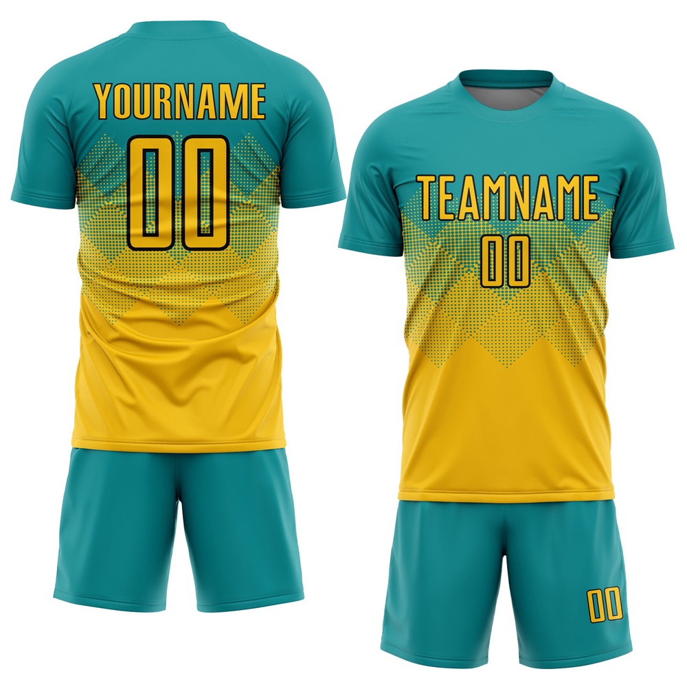 Custom Teal Gold-Black Sublimation Soccer Uniform Jersey, Custom Team Soccer Jersey Shirt