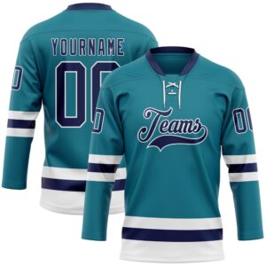 Custom Teal Navy White Hockey Lace Neck&hellip;