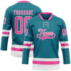 Custom Teal Pink White Hockey Lace Neck&hellip;