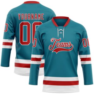 Custom Teal Red White Hockey Lace Neck&hellip;