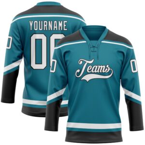Custom Teal White Black Hockey Lace Neck&hellip;