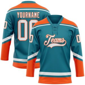 Custom Teal White Orange Hockey Lace Neck&hellip;