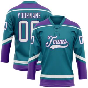 Custom Teal White Purple Hockey Lace Neck&hellip;