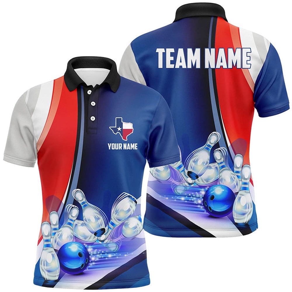 Custom Texas Bowling Team Polo Shirts, Patriotic Mens Bowling Strike Polo Shirt For Texan, Personalized Bowling Team Shirt