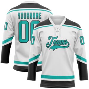 Custom White Aqua Black Hockey Lace Neck&hellip;