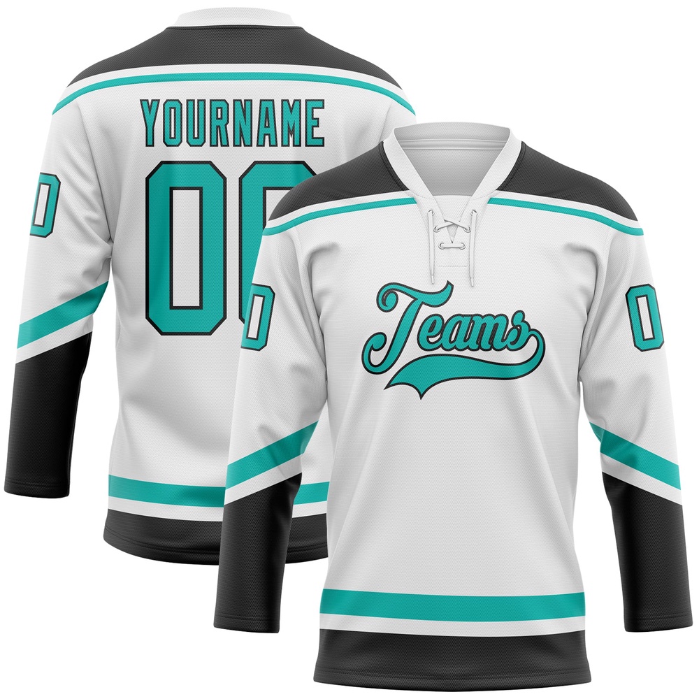 Custom White Aqua Black Hockey Lace Neck Jersey, New Hockey Jersey, Personali Sport Team Jersey Shirt
