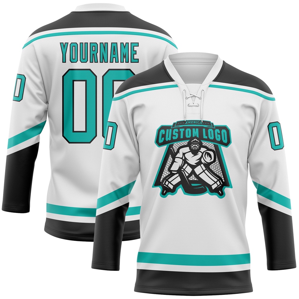 Custom White Aqua Black Hockey Lace Neck Jersey, New Hockey Jersey, Personali Sport Team Jersey Shirt