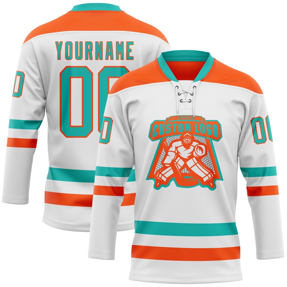 Custom White Aqua Orange Hockey Lace Neck Jersey, New Hockey Jersey, Personali Sport Team Jersey Shirt