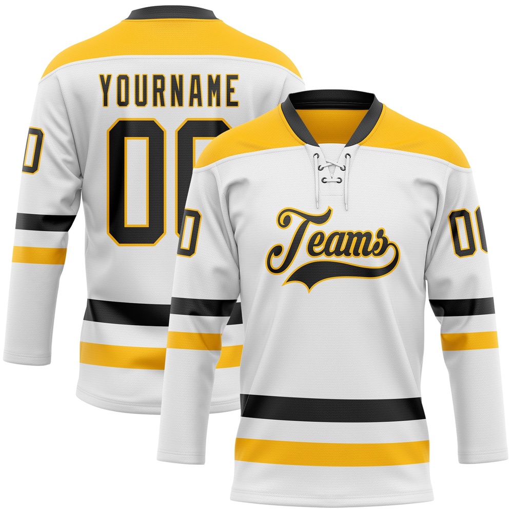 Custom White Black Gold Hockey Lace Neck Jersey, New Hockey Jersey, Personali Sport Team Jersey Shirt