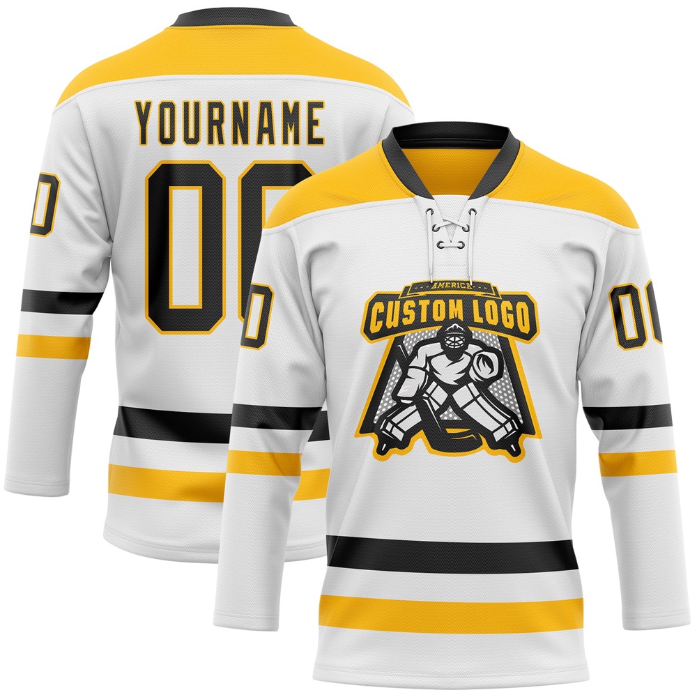 Custom White Black Gold Hockey Lace Neck Jersey, New Hockey Jersey, Personali Sport Team Jersey Shirt