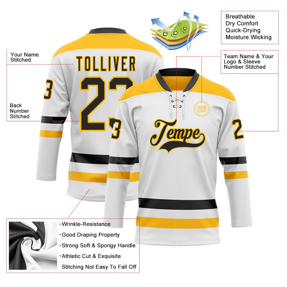Custom White Black Gold Hockey Lace Neck Jersey, New Hockey Jersey, Personali Sport Team Jersey Shirt