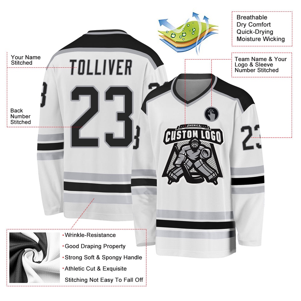 Custom White Black Gray Hockey Jersey, New Hockey Jersey, Personali Sport Team Jersey Shirt Custom White Black Gray Hockey Jersey, New Hockey Jersey, Personali Sport Team Jersey Shirt
