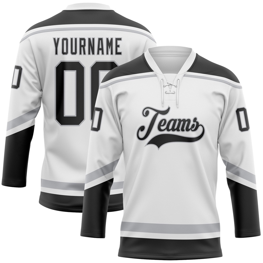 Custom White Black Gray Hockey Lace Neck Jersey, New Hockey Jersey, Personali Sport Team Jersey Shirt
