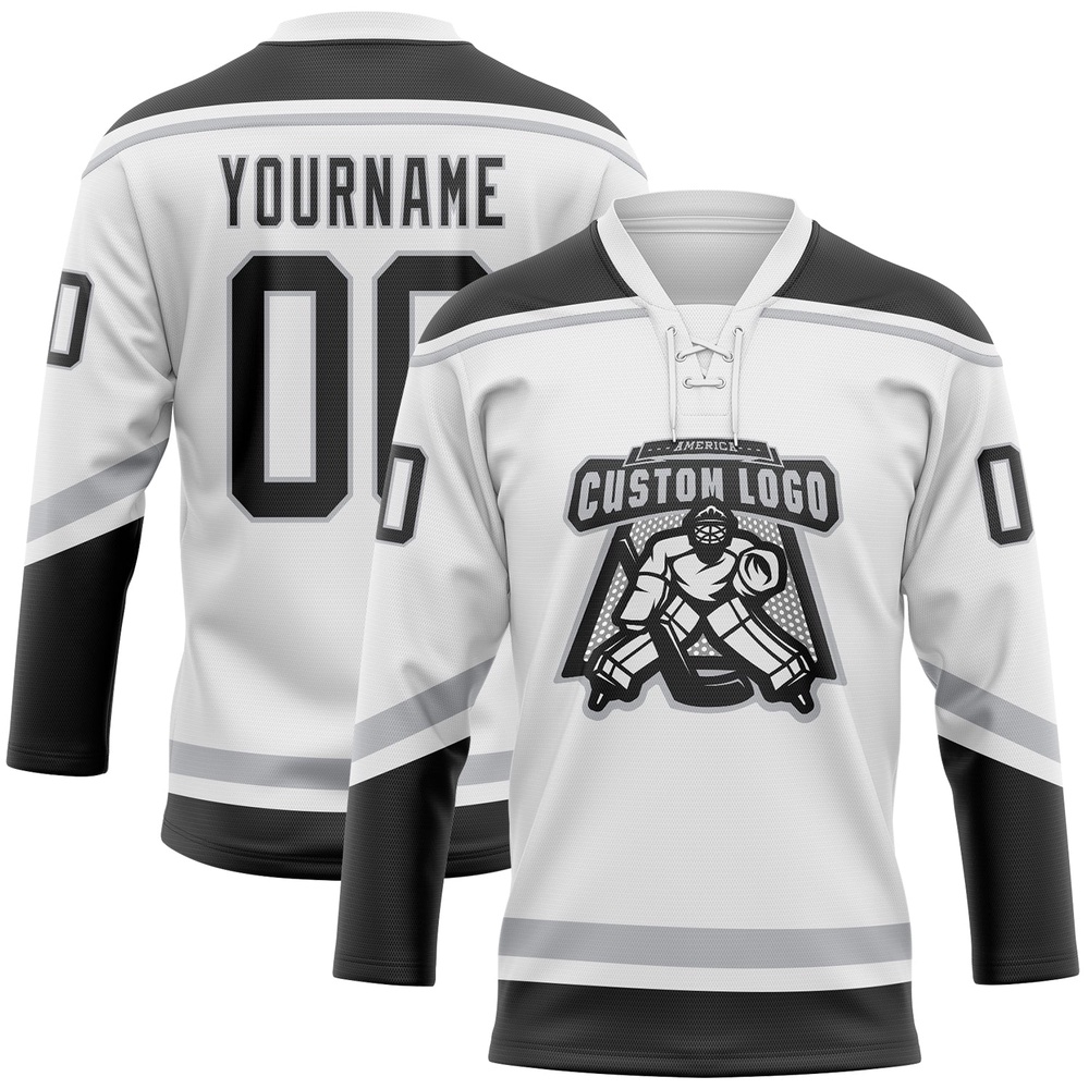 Custom White Black Gray Hockey Lace Neck Jersey, New Hockey Jersey, Personali Sport Team Jersey Shirt