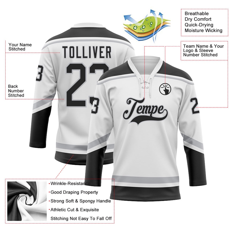 Custom White Black Gray Hockey Lace Neck Jersey, New Hockey Jersey, Personali Sport Team Jersey Shirt