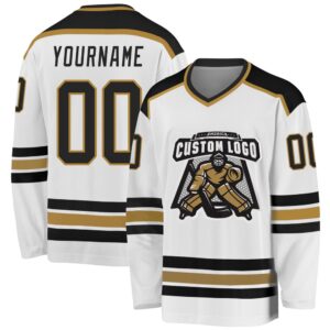 Custom White Black Old Gold Hockey Jersey,&hellip;