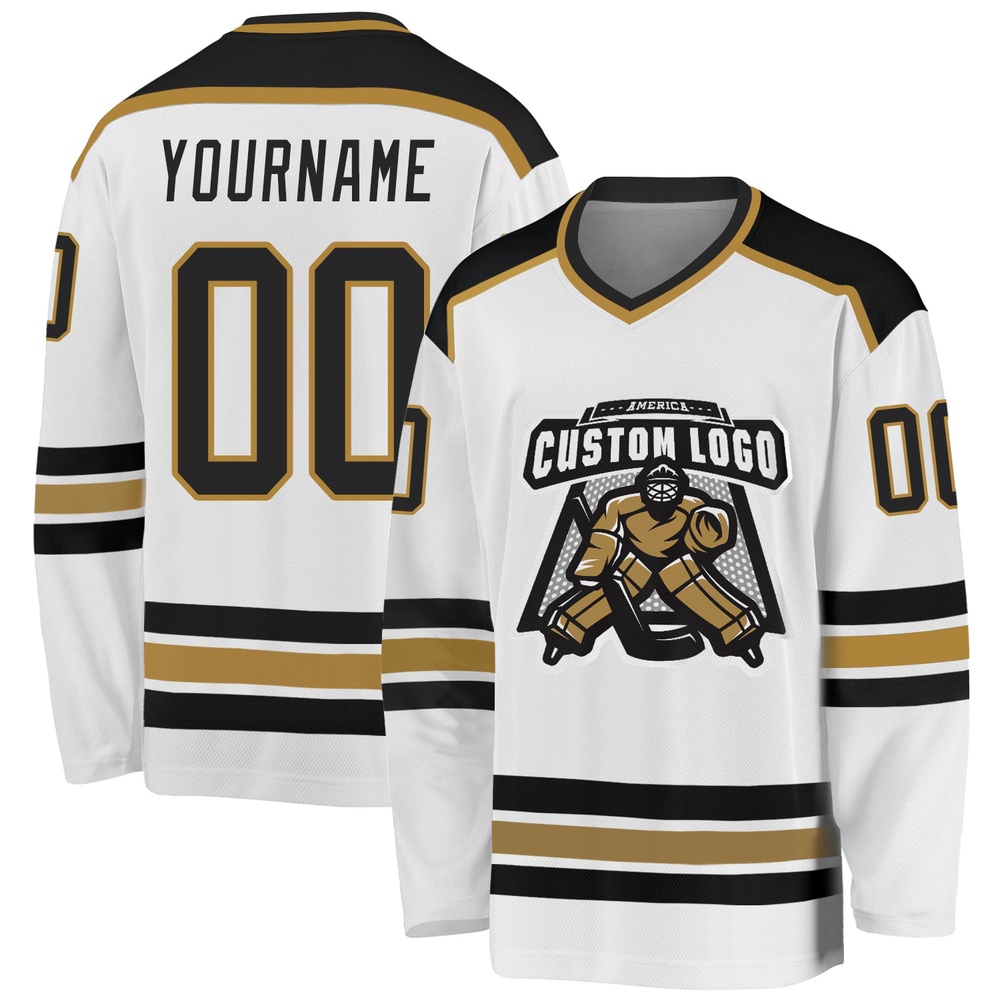 Custom White Black Old Gold Hockey Jersey, New Hockey Jersey, Personali Sport Team Jersey Shirt Custom White Black Old Gold Hockey Jersey, New Hockey Jersey, Personali Sport Team Jersey Shirt