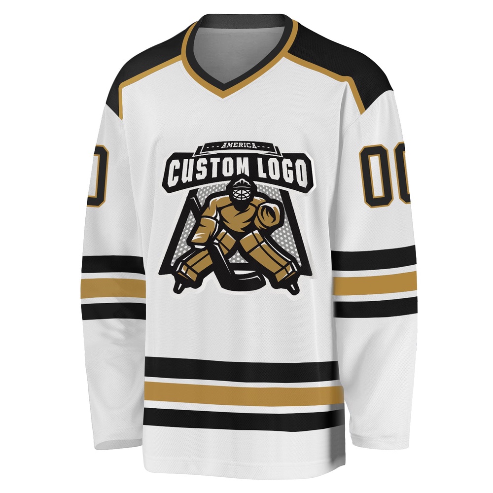 Custom White Black Old Gold Hockey Jersey, New Hockey Jersey, Personali Sport Team Jersey Shirt Custom White Black Old Gold Hockey Jersey, New Hockey Jersey, Personali Sport Team Jersey Shirt