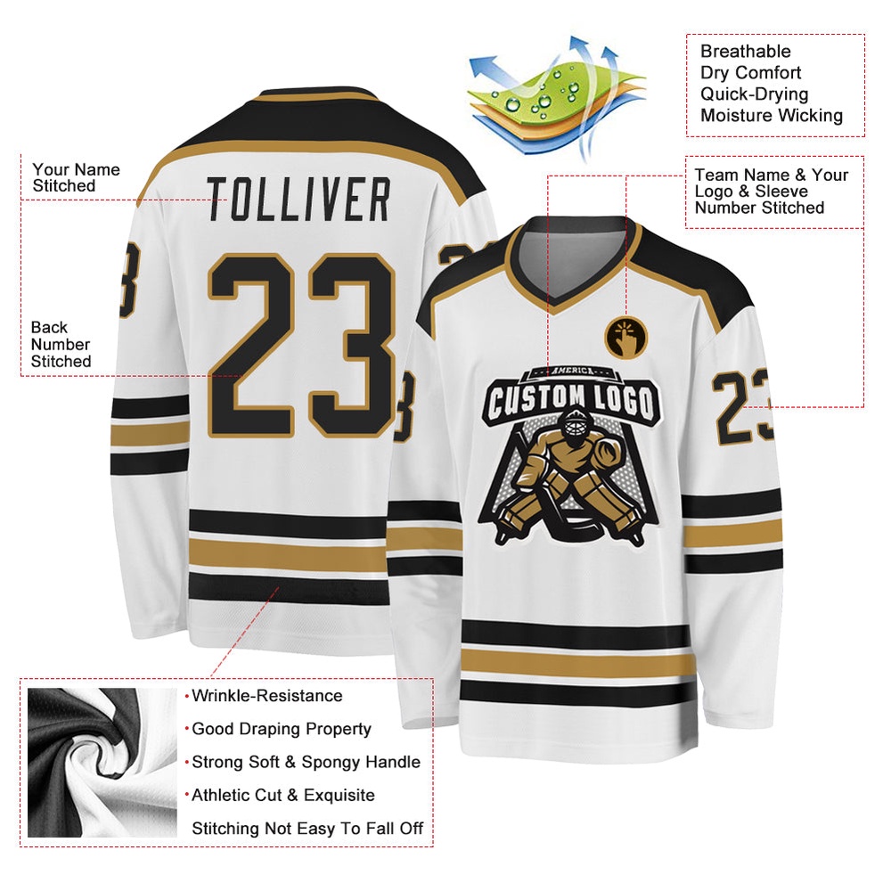 Custom White Black Old Gold Hockey Jersey, New Hockey Jersey, Personali Sport Team Jersey Shirt Custom White Black Old Gold Hockey Jersey, New Hockey Jersey, Personali Sport Team Jersey Shirt