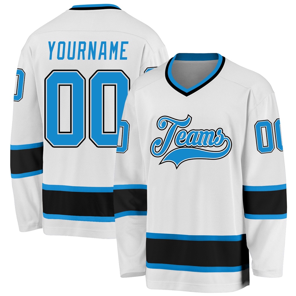 Custom White Blue Black Hockey Jersey, New Hockey Jersey, Personali Sport Team Jersey Shirt Custom White Blue Black Hockey Jersey, New Hockey Jersey, Personali Sport Team Jersey Shirt