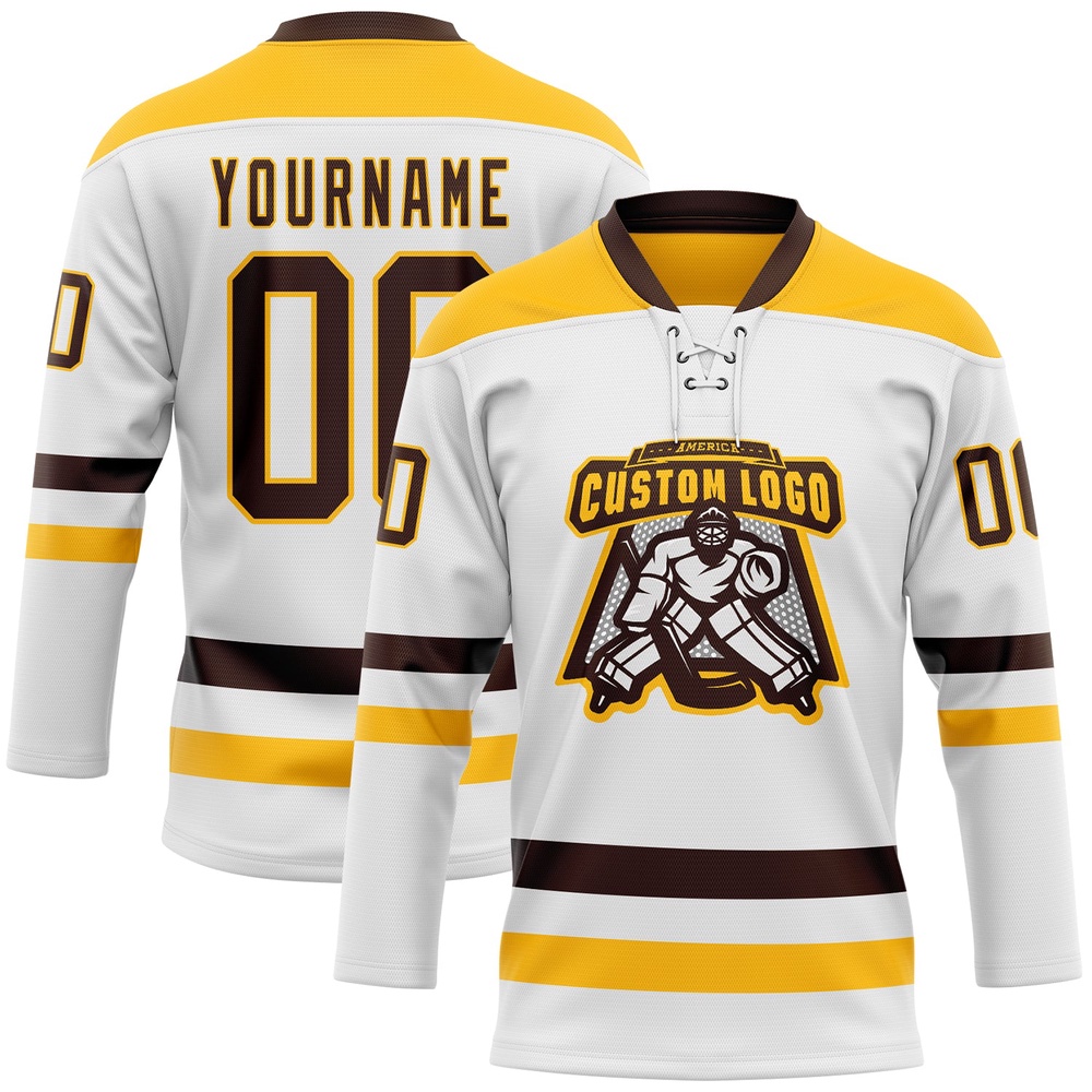 Custom White Brown Gold Hockey Lace Neck Jersey, New Hockey Jersey, Personali Sport Team Jersey Shirt Custom White Brown Gold Hockey Lace Neck Jersey, New Hockey Jersey, Personali Sport Team Jersey Shirt