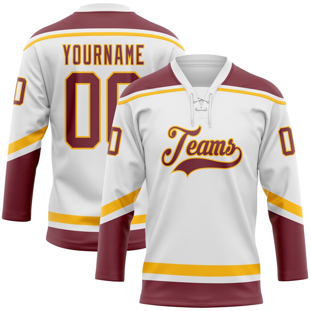 Custom White Burgundy Gold Hockey Lace Neck Jersey, New Hockey Jersey, Personali Sport Team Jersey Shirt